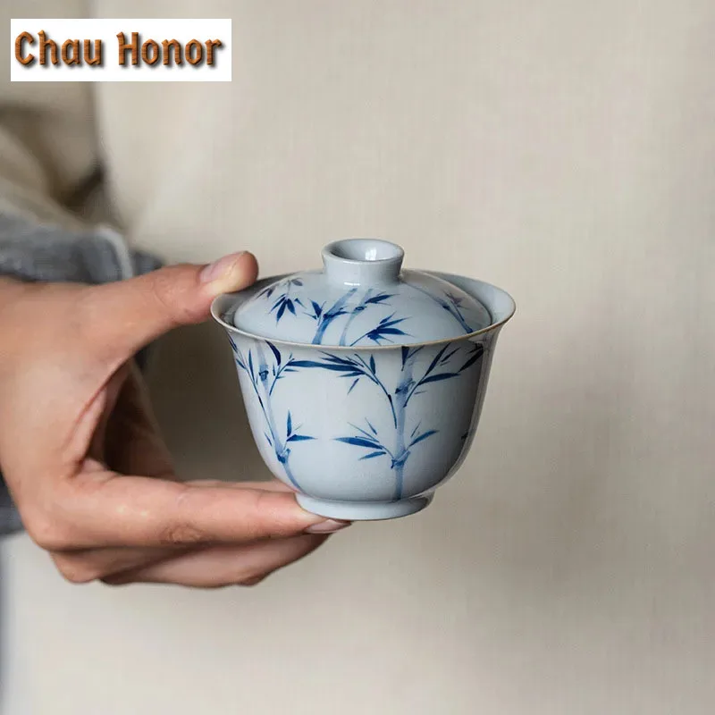 125ml Boutique Pure Hand-painted Green Bamboo Art Tea Tureen Small Hand Grasping Bowl With Cover Kung Fu Tea Maker Zen Gaiwan