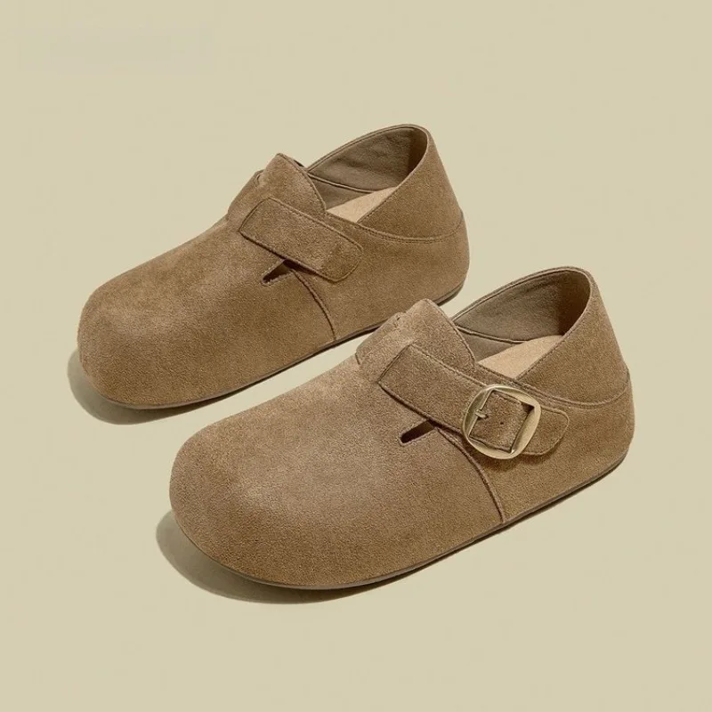 2026Autumn New Lady Retro Matte Suede Clogs,Buckle Strap Big Round Toe Birken Style Slip‑on Loafers,Thick Sole Casual Flat Shoes