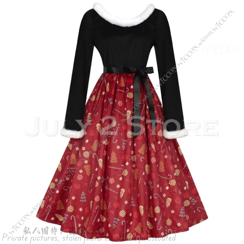 2024 New Christmas Theme Printed Red Dress New Year Performance Stage Activity Dress Masquerade Festivals Woman Christmas Dress