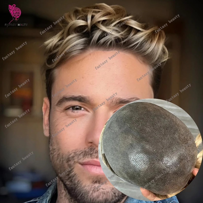 

Натуральный мужской парик из микрокожи с невидимой линией волос 0,06 мм, 4T613 # 22р # Блондинка Серый 540 # Система протезов человеческих волос Ombre