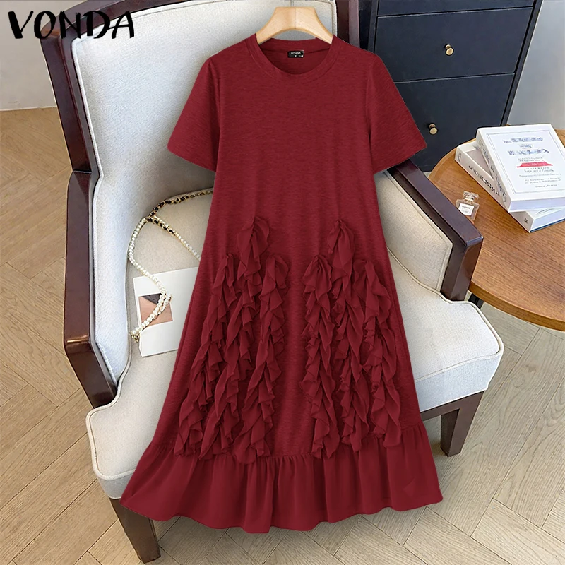 VONDA Damska Długa Sukienka Koszulowa 2025 Letnia Plisowana Sukienka Midi w Jednolitym Kolorze Krótki Rękaw Okrągły Dekolt Luźna Codzienna Sukienka na Imprezę Vestidos