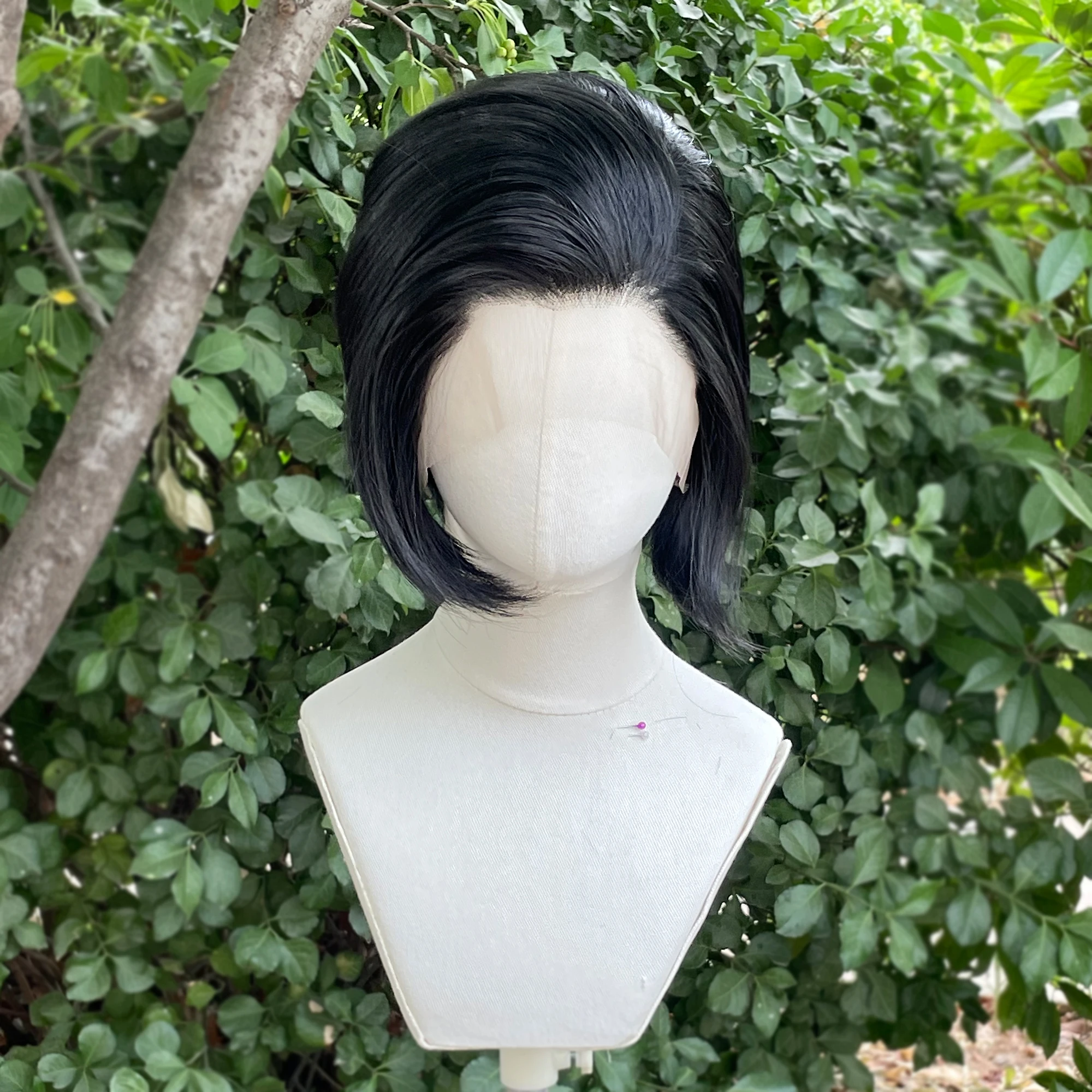 Jet hitam pendek potongan Bob sintetis renda depan wig untuk wanita Cosplay wig untuk pria rambut alami tanpa lem 13x4 renda depan wig