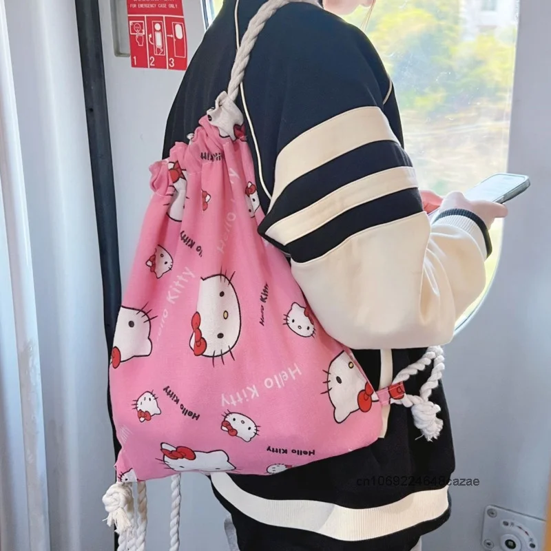 Sanrio Hello Kitty Trend Cute Drawstring Backpack Female Korean Style Convenient Casual Shoulders Bag Large Capacity Storage Bag