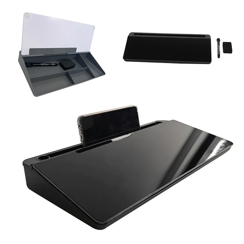 2-in-1 Glass Desk Whiteboard with Built-in Storage Desktop Organizer Keyboard Holder Home Office Blackboard Message Board