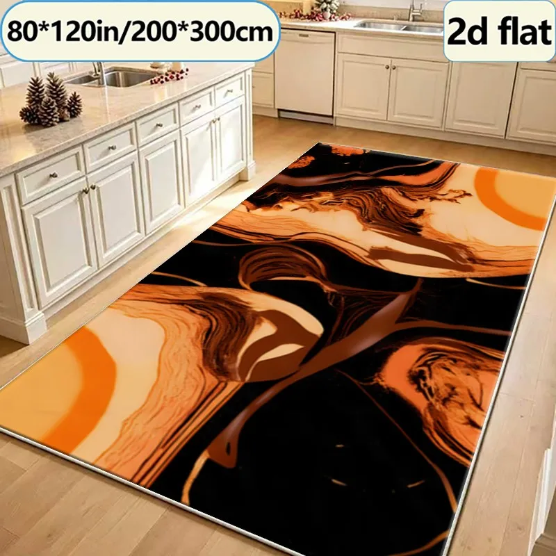 Orange and Black Marble Swirl Abstract Pattern Carpet, Modern Fluid Art Carpet, Suitable for Living Room, Bedroom, Home Interior Decoration