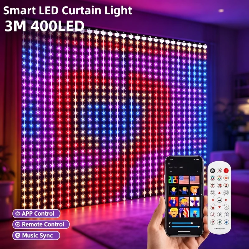 Bluetooth App Controlled 400LED Smart Curtain Lights, DIY Pattern Music Fairy Light for Window Bedroom Christmas Holiday Deco