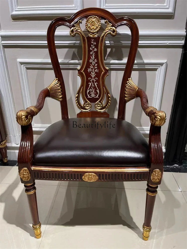 

ls 27European restaurant armrest dining chair peach blossom wood carving flower leisure chair