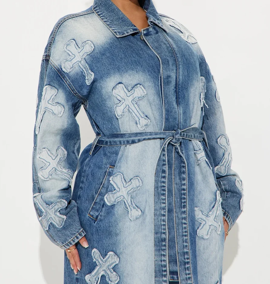 

Women's Autumn Casual Street Fashion Cross Embroidered Long Windbreaker High Street Style Female Vintage Loose Denim Trench Coat