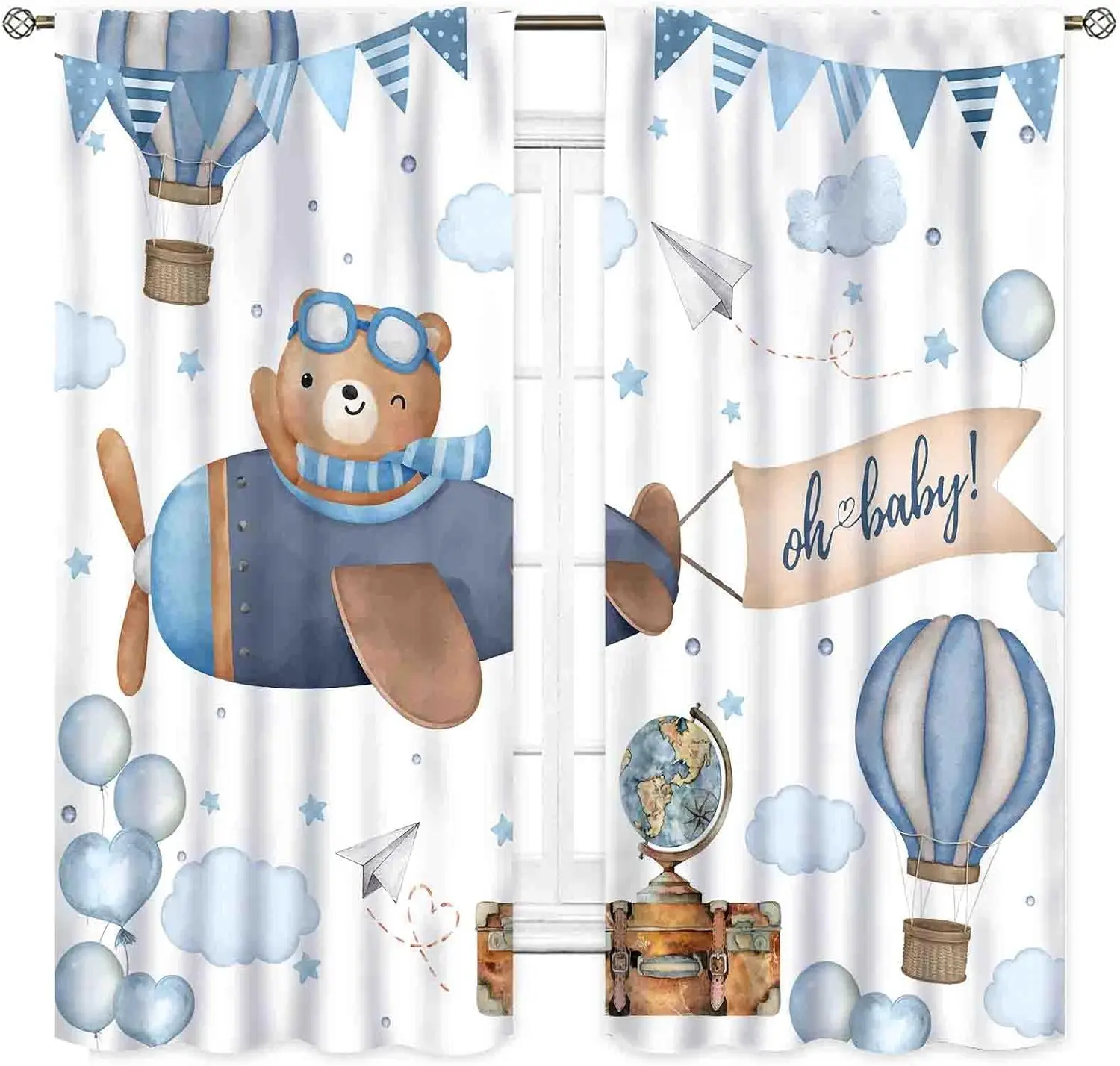 Cute Bear Airplane Curtains Hot Air Balloon Print with Oh Baby for Kids Room Nursery Decor