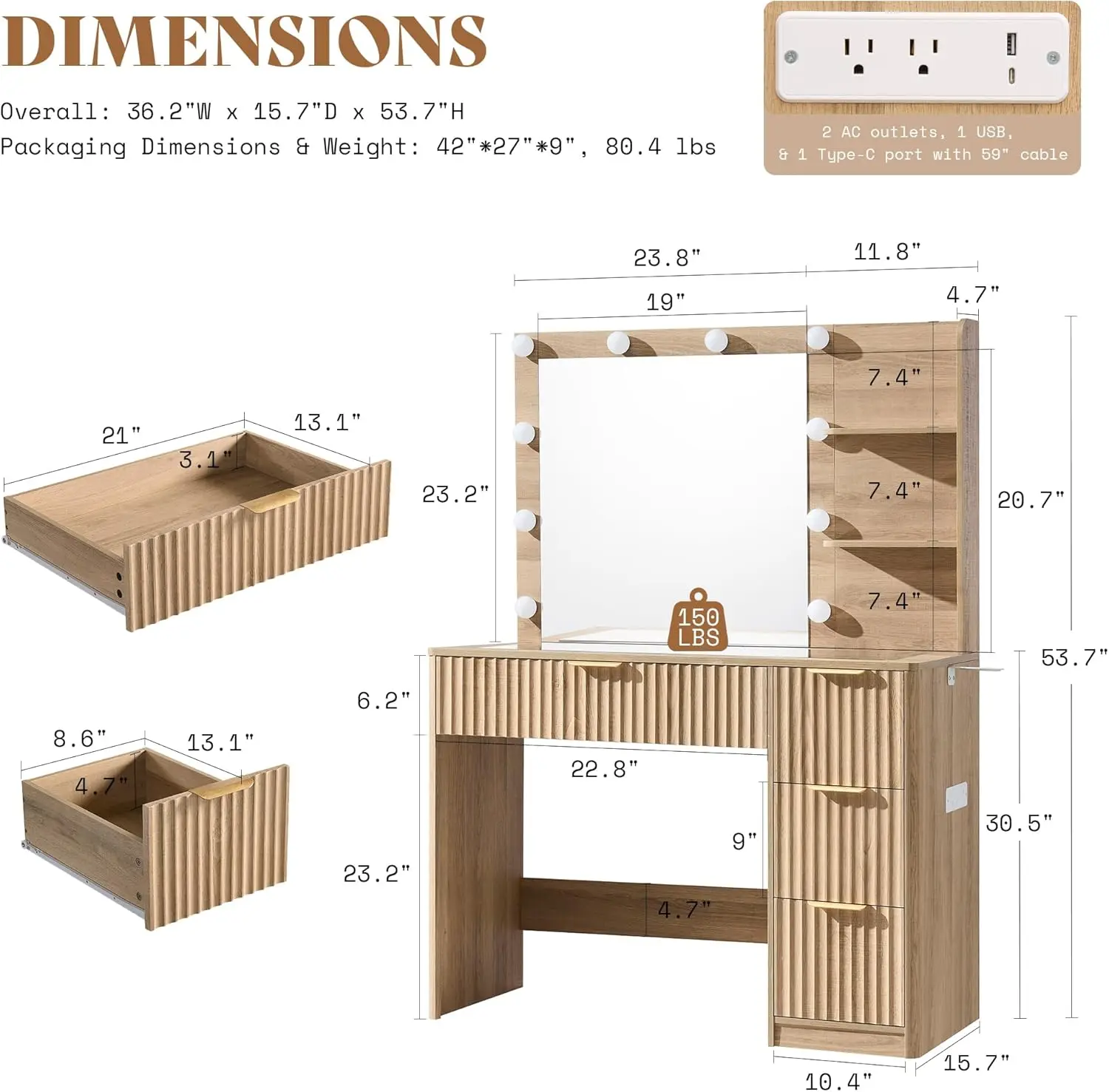 Natural Oak Fluted Vanity Desk with Glass Top for Bedroom or Dorm, Adjustable LED Lights & Charging Station view 3