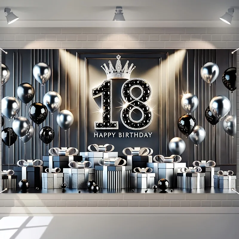 2D-Banner 1 Stück, Ballonkronen-Geschenkbox zum 18. Geburtstag in Schwarz und Silber, Feiertagsfeier, Familiendekoration, Feiertagsfotos