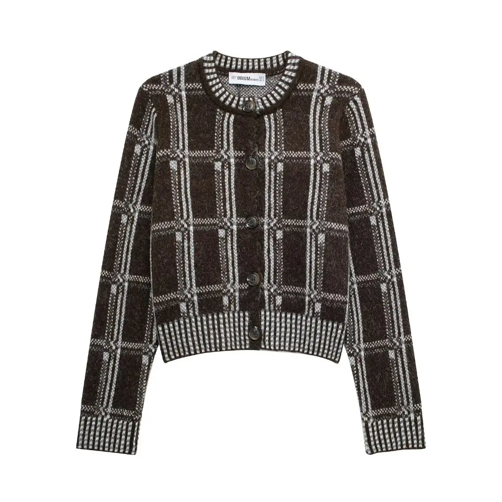 

Women's Plaid Crewneck Long Sleeve Knitted Coat Spring New A35853 European American Style Fashion