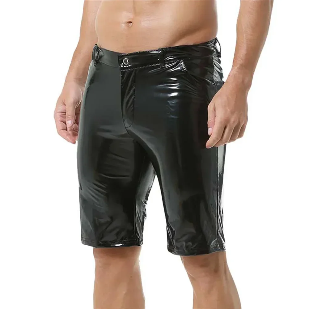 Men Casual PVC Leather Shorts Fashion Solid Color Wet Look Shiny Leather Short Pant Slim Clubwear Male Stage Performance Costume