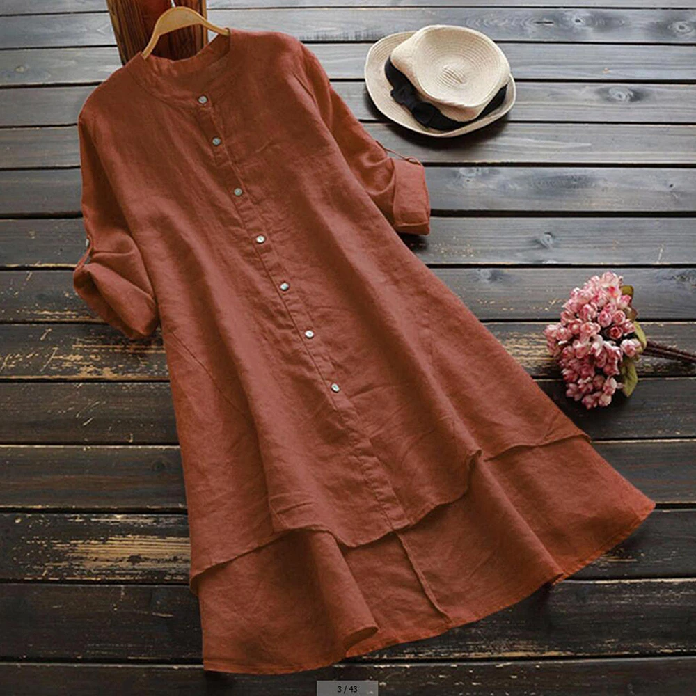 Women\'s Spring Solid Cotton Linen Shirt Dress Ladies Loose Dress Long Tops Blouse Plus Size Clothes Clothing 2024