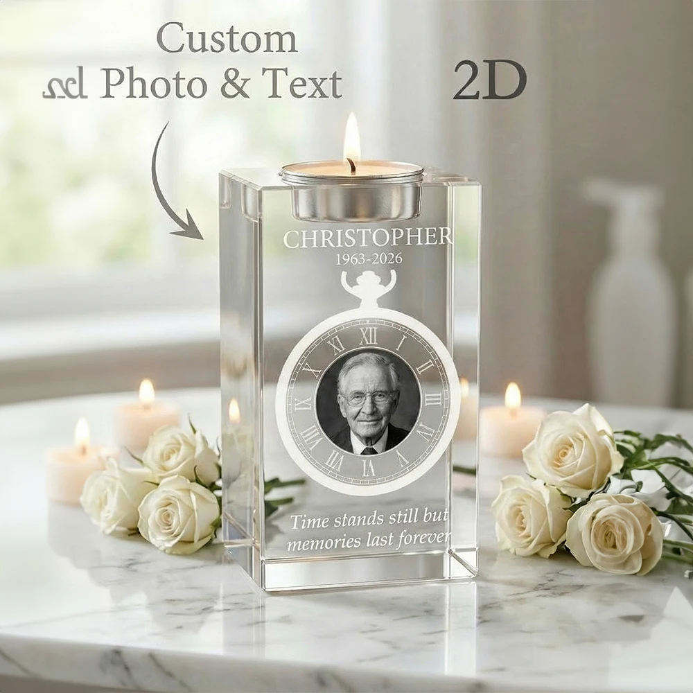 Custom Memorial Crystal Candle Holder,Personalized Photo & Text,Clock Engraved Design,Healing Sympathy Gift,Remembrance Keepsake