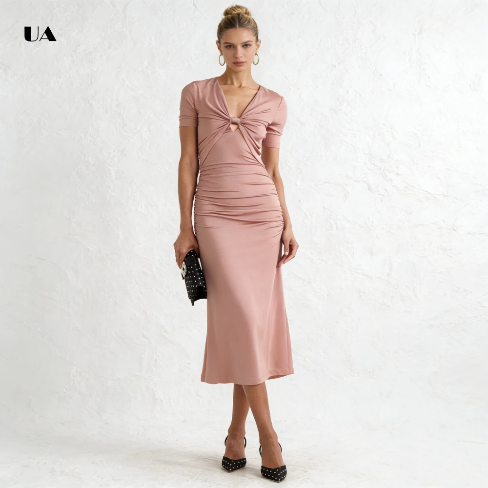 ULBYANRY Kurzarm-Abschlussballkleid mit Ausschnitt, V-Ausschnitt, solide, gerüschte Abendkleider für Frauen, einfaches Etuikleid, individuelles Partykleid