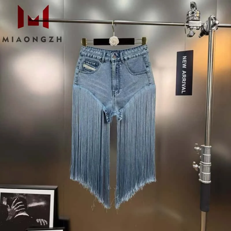 

Fashion Light Blue Spliced Sexy Tassel Shorts Women's 2025 Summer New High Waist Slimming Hot Girl Jeans Female Clothing Party