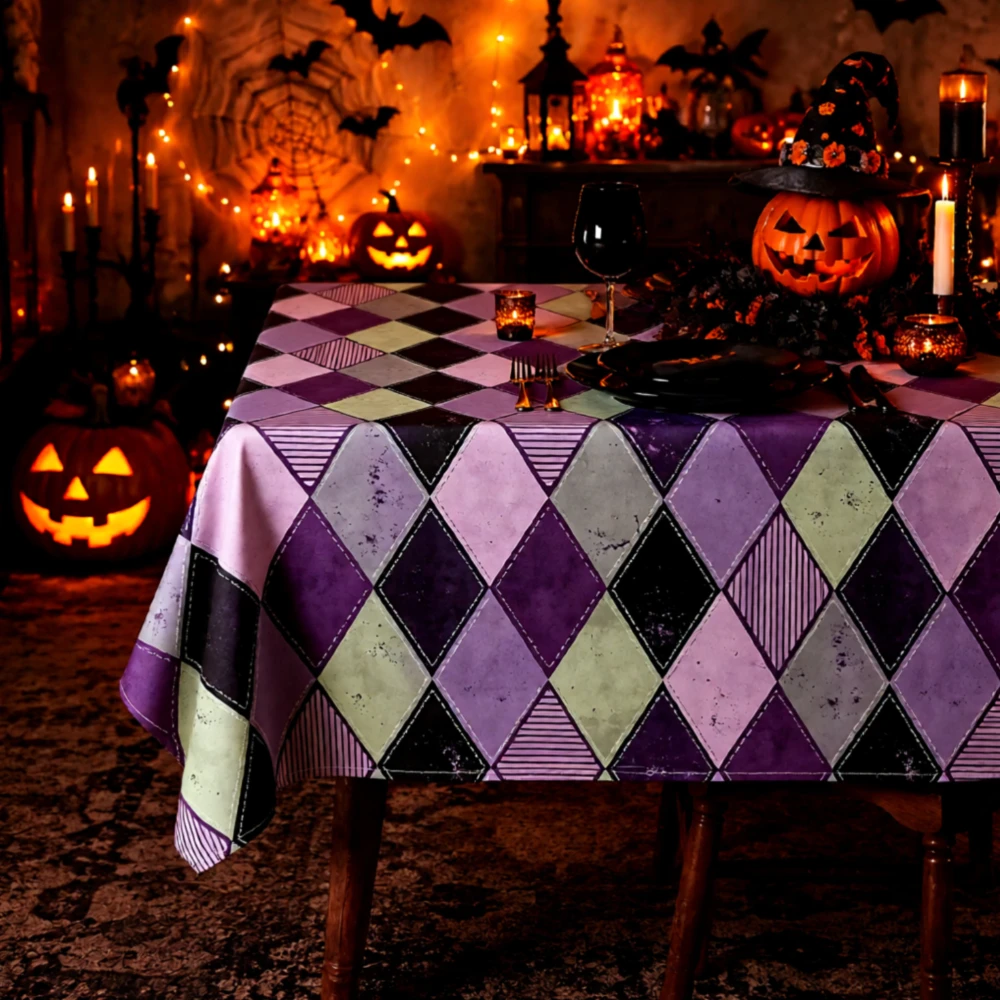 Halloween Theme Tablecloth Polyester Geometric Purple Green Fall Party Dining Decor Autumn Seasonal Table Runner Cloth Home Deco