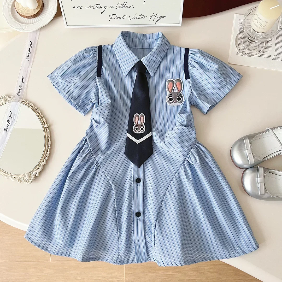 JK Baby girls summer striped short-sleeved dress children girls  cartoon rabbit embroidered college style shirt Dress+Tie