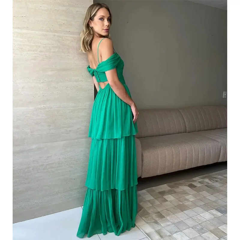 Classy Long Green Off Shoulder Tulle Prom Dresses with Tiered A-Line Floor Length Pleated Evening Dresses for Women