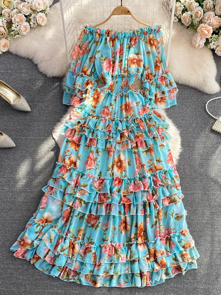 

Autumn Vintage Floral Ruffle Chiffon Long Dress Women Sexy Slash Neck Off Shoulder Flare Sleeve High Waist A-Line Beach Vestidos