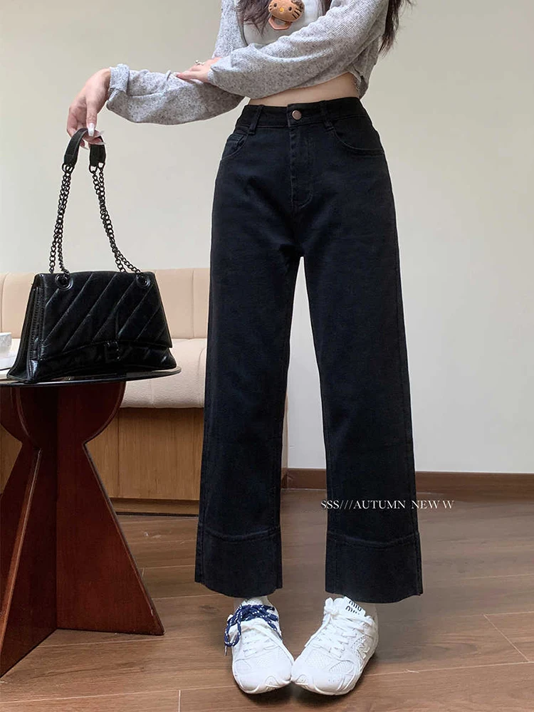 جينز نسائي غير رسمي 2025 صيف جديد عالي الخصر للتخسيس بنطال ذو قصة أرجل مستقيمة ريترو أزرق متعدد الاستخدامات فضفاض بنطال ذو قصة أرجل واسعة