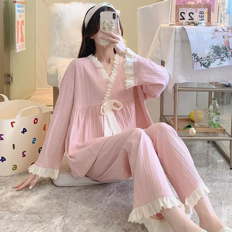 Lace Sleepwear Women Pajama Sets Autumn Korean Pants Sets 2 Pieces Solid Piiama Night Wears Long Sleeve V-neck Ruffles Home Suit