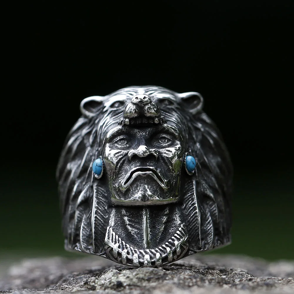 NEW Men's 316L stainless-steel rings Vintage Indian Warrior Biker with wolf Animal Ring Religion Jewelry ree shipping