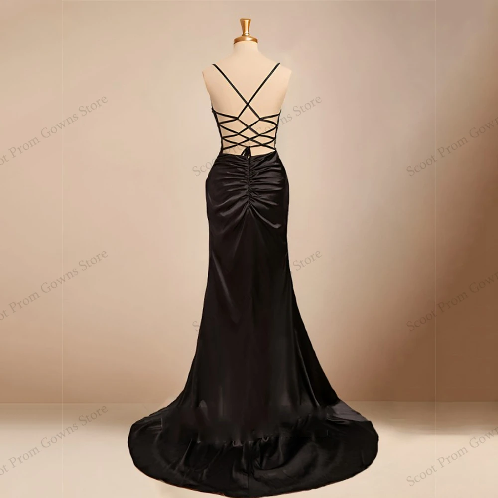 فساتين سهرة سوداء بصور حقيقية للنساء 2025 فساتين حفلات حورية البحر بدون أكمام مخصصة مع رداء الساتان المطرز De Soirée