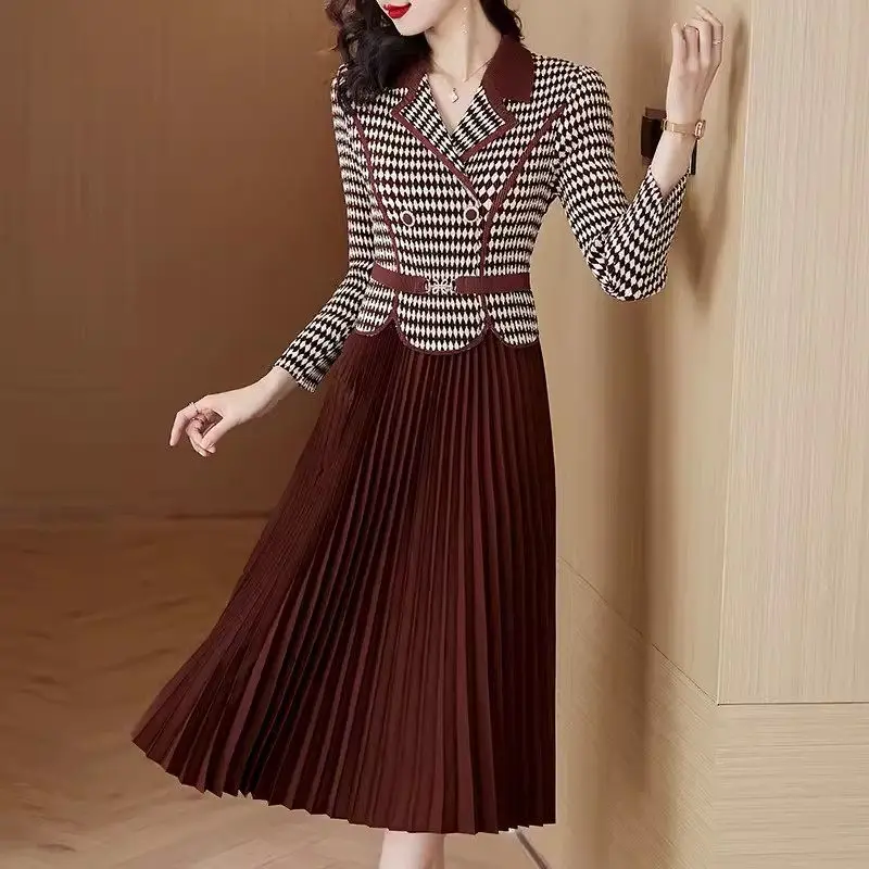 

New Arrival French Mid Length Style Dress Lady 2024 Spring Autumn Slim Temperament Suit Collar Plaid Fake Two-Piece Dress Z4995