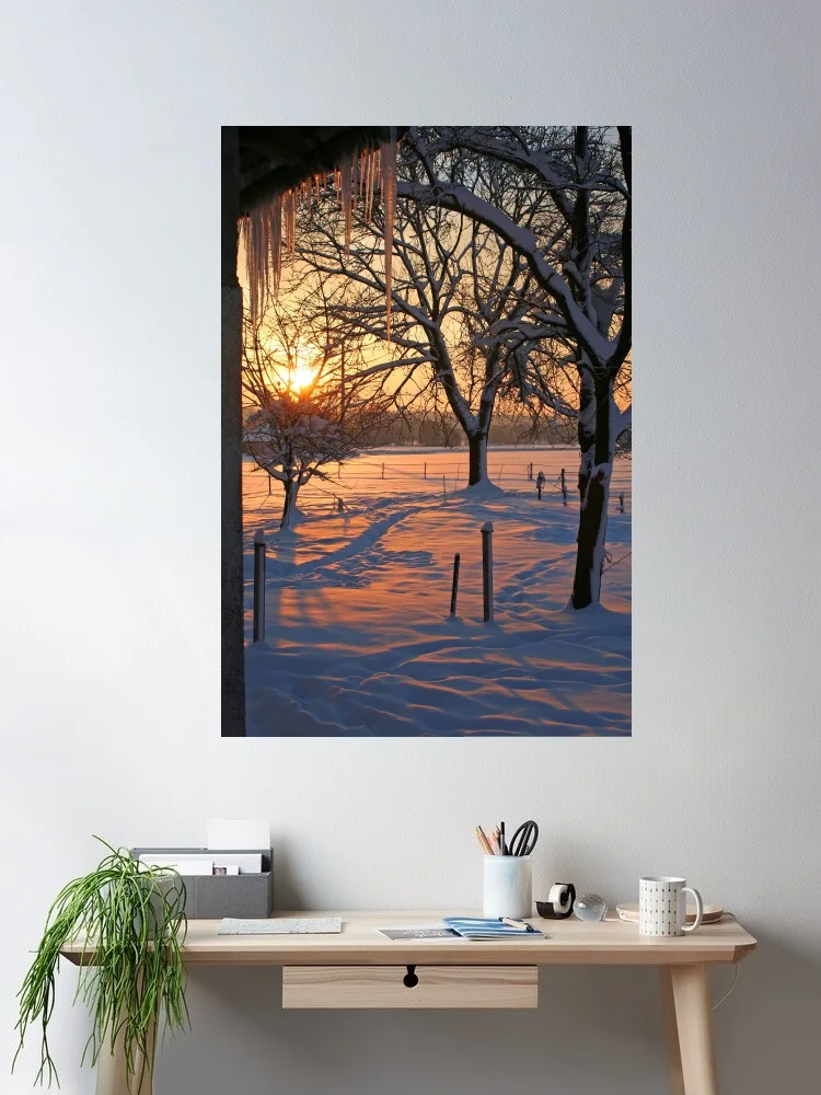 

Winter Fields Snow Sunset Fine Canvas POSTER ,Home Decor Wall art painting