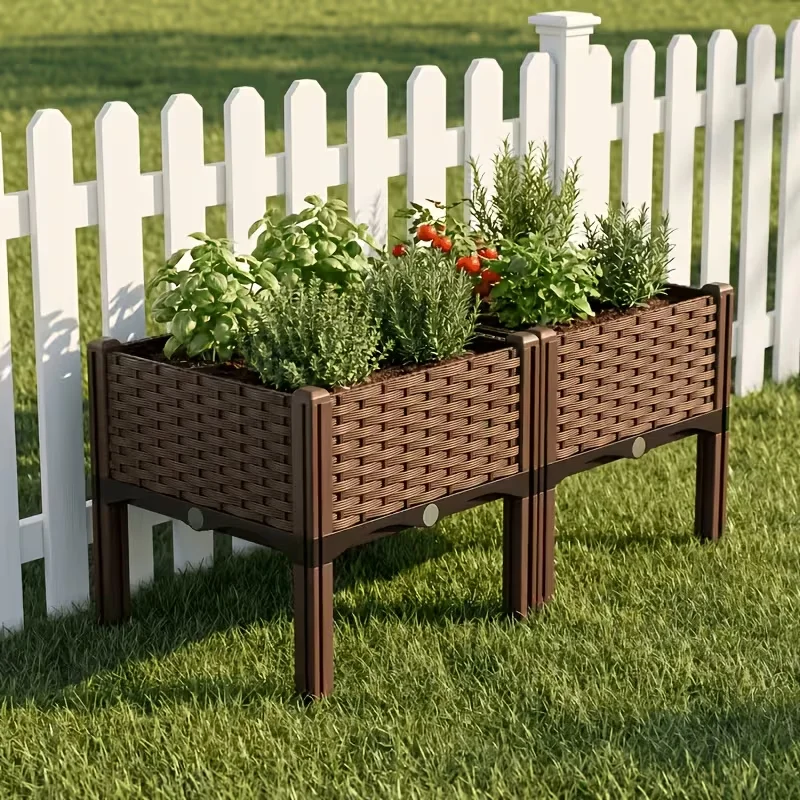 Modular Splicable Elevated Raised Garden Bed With Legs Black Rattan‑Look Plastic Planter Box Lightweight Durable For Outdoor Vegetables Flowers Herbs