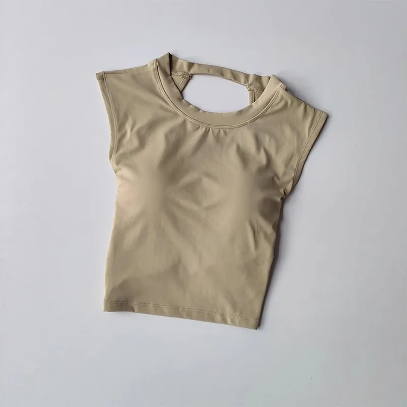Sexy rückenfreie Yoga-Fitnessweste für Damen, kurzärmelig, festes Brustpolster, Sport-T-Shirt, kurzer Stil für Fitness und Yoga – Detail 8