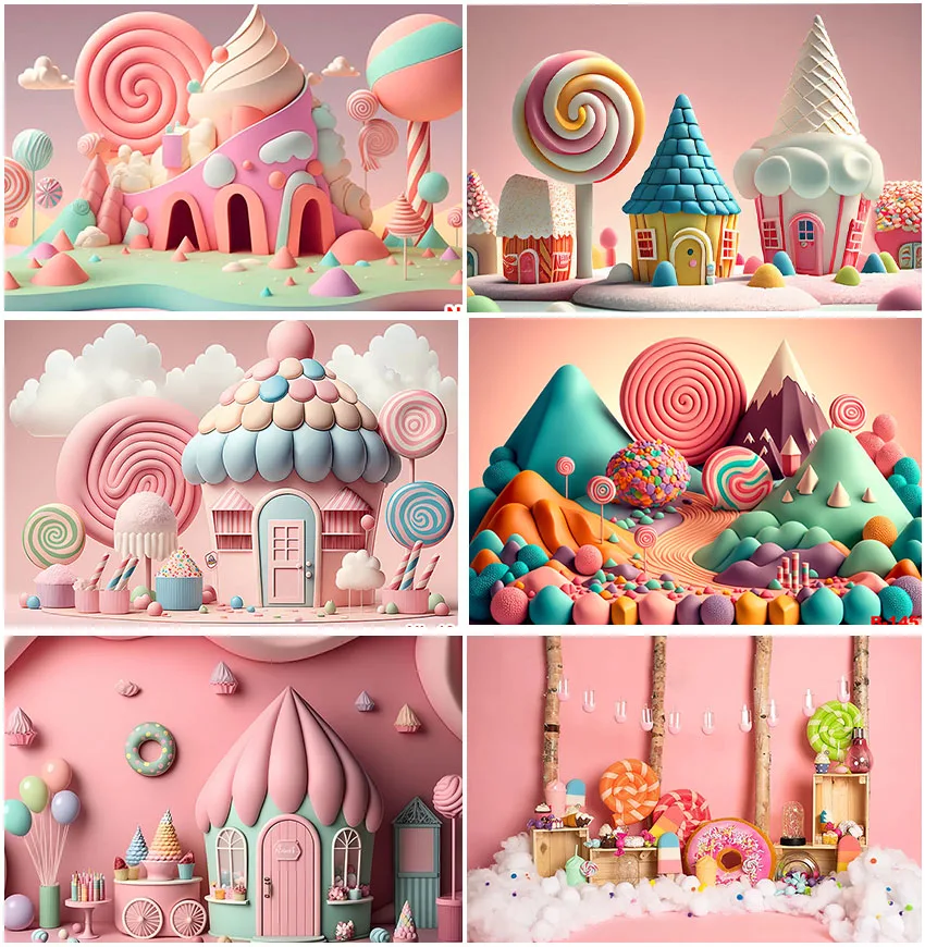 Candy Bar Lollipop Backdrops For Kids Birthday Sweet Baby Donuts Dessert Ice Cream Backgrounds Cupcake Photo Studio Banner Decor