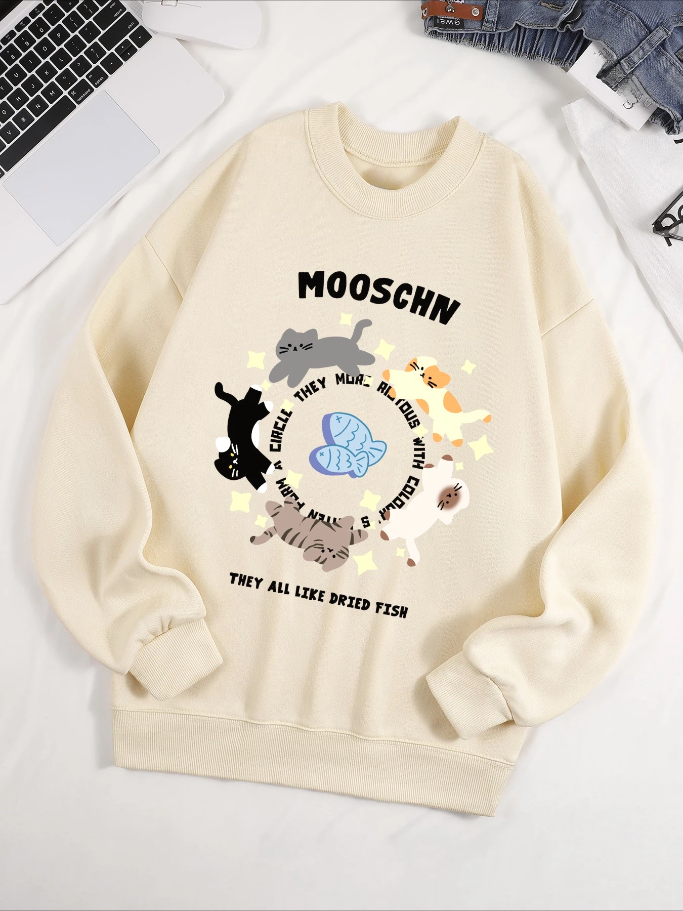 Mooschn They All Like Dried Fish Printed Sweatshirt Men women warm Loose Pullover Creative Sportswear Autumn Winter innerwear