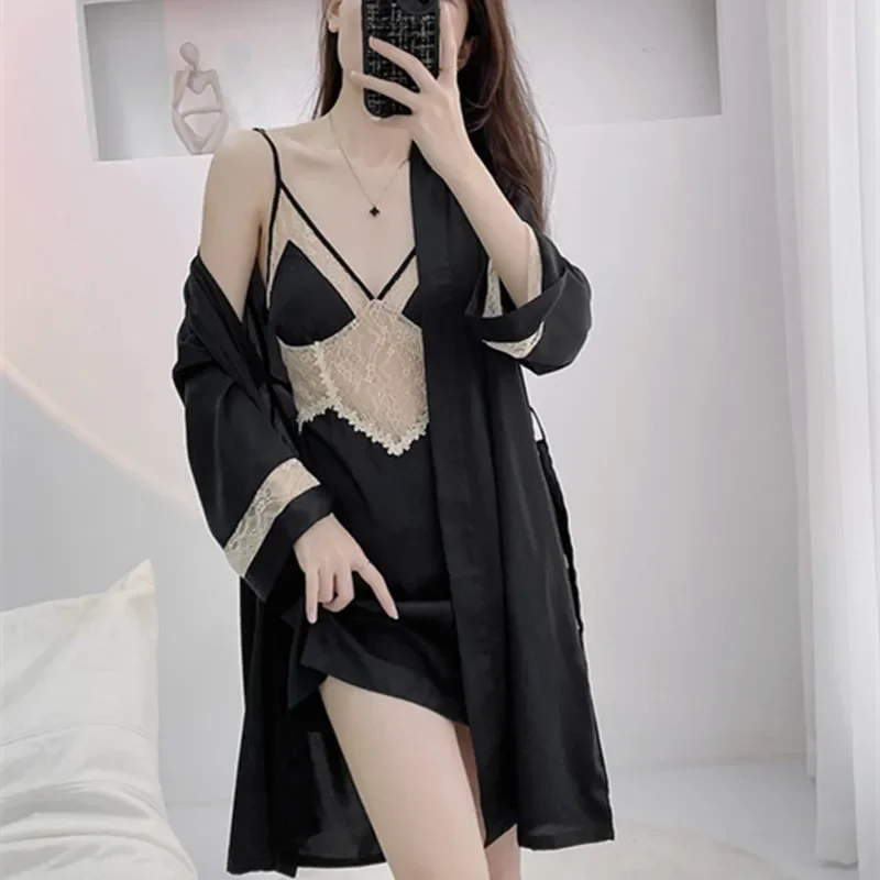 MECHCITIZ Women's Robe Gown Set New Sexy Lace Silk Satin Sleepwear Robes Spring Summer Two Pieces Suit Ladies Nightwear Bathrobe