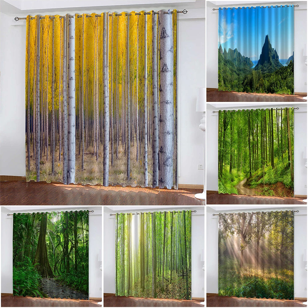 

Birch Forest 3D Print Curtain Forest Landscape Curtain Biparting Open Blackout Curtain Cortina De Sombra Bedroom Living Room