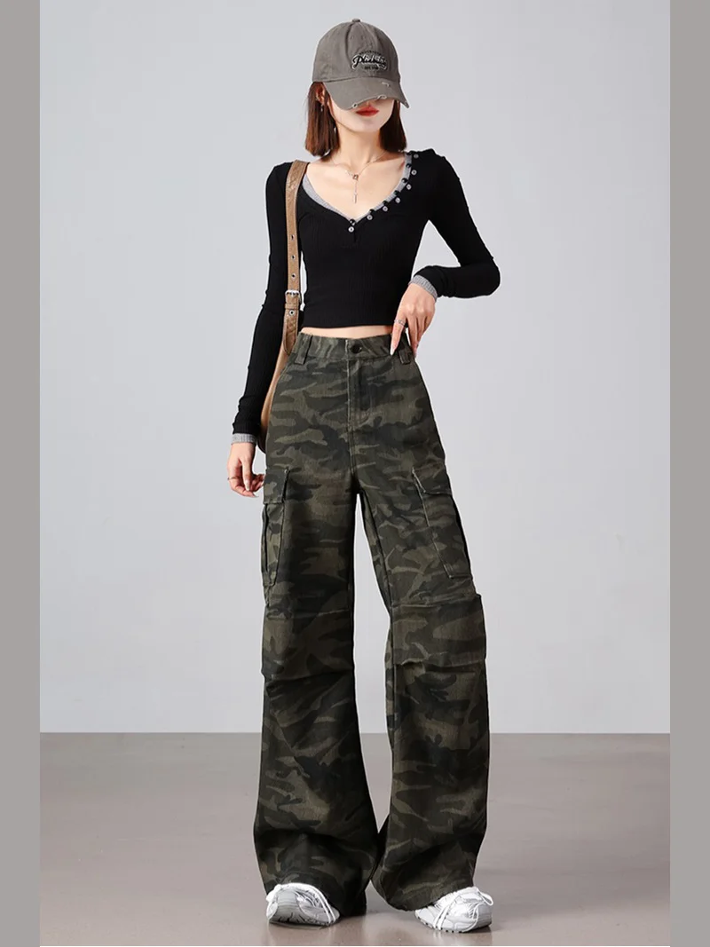 American high street retro camuflagem perna larga jeans feminino casual solto em linha reta calças compridas rua sle água wa