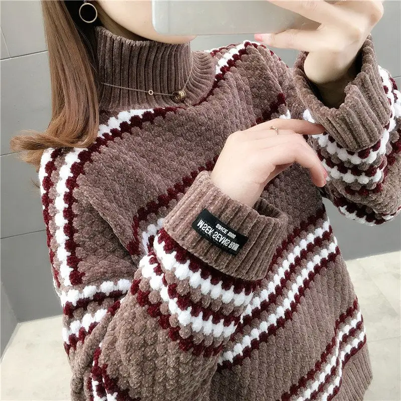 Women\'s Loose Fit Long Sleeve Sweater Solid Color Pullover High Neck Spliced Stripes Casual Tops Fashion Autumn Winter