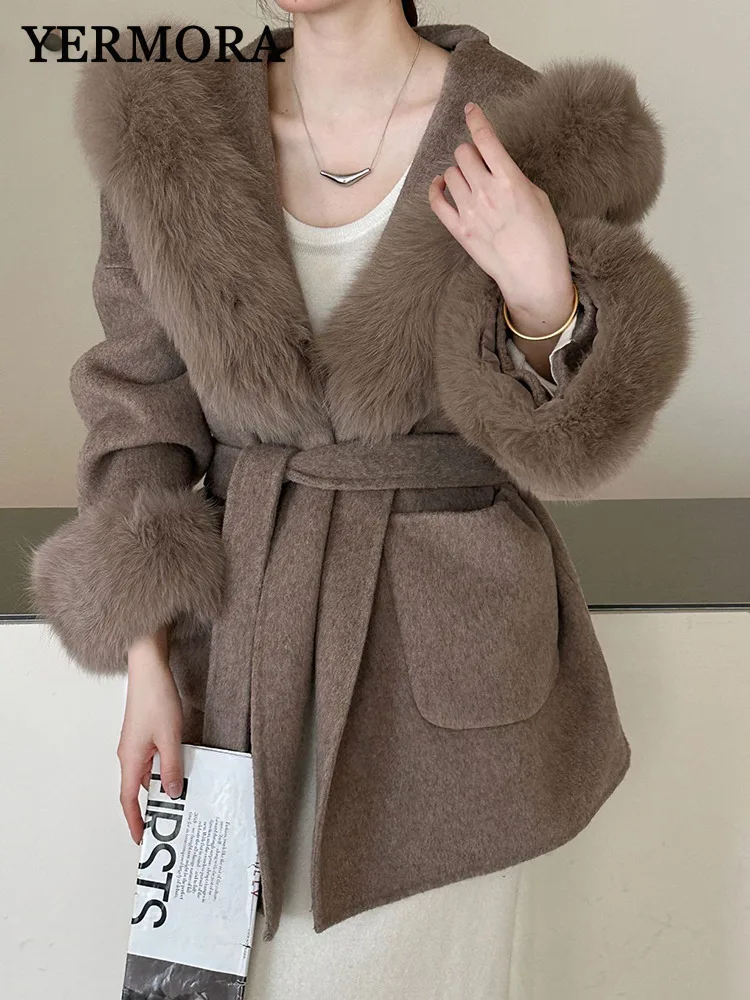 YERMORA Coffee Fake Fox Fur Pocket Belt Short Woolen Coat For Women Long Sleeve Loose New Jacket Fashion Tide Autumn Winter 2025