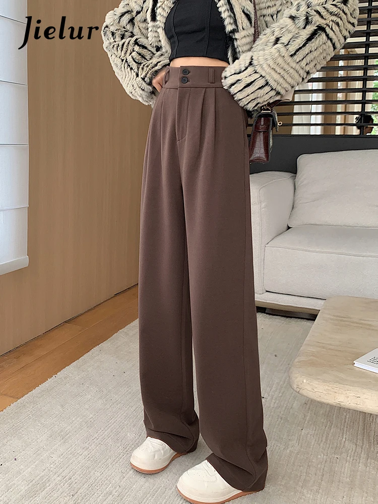 Jielur Winter Thick Straight Loose Female Wide Leg Pants Solid Color Casual Double Buttons Simple Fashion Women\'s Pants Apricot