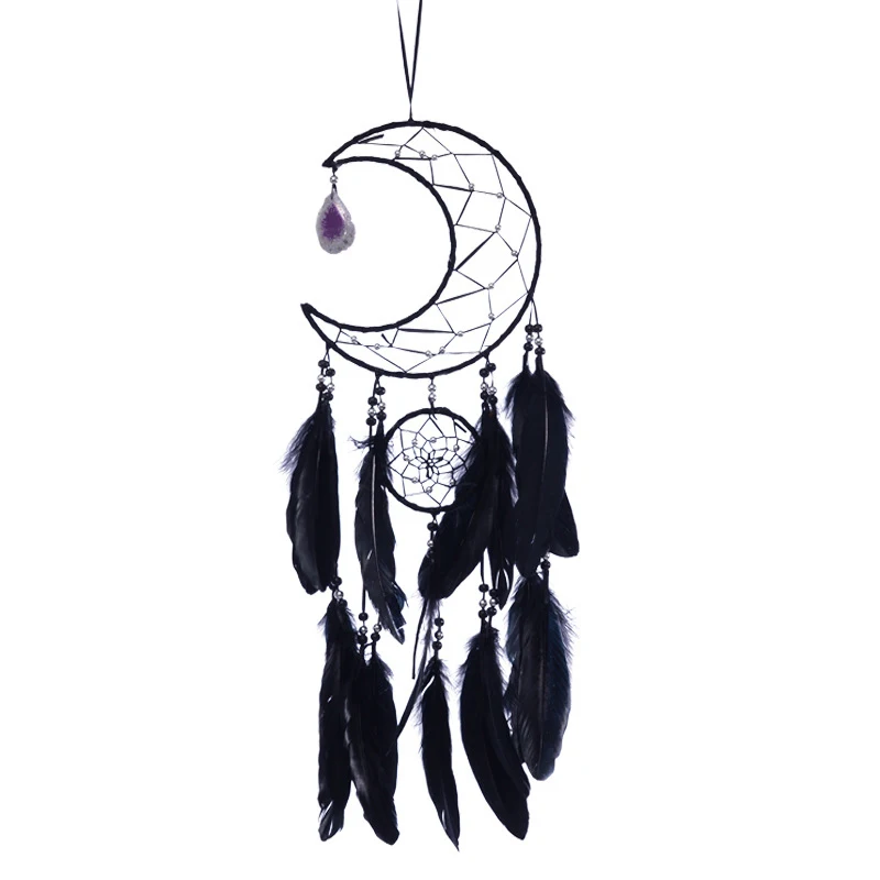 Moon Dream Catcher Handmade Woven Black Feathers Wall Hanging Dreamcatcher For Home Decor Bedroom Dormitory Room Wall Decor