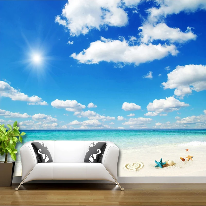 

Custom Mural Blue Sky And White Clouds Seaside Sandy Beach Landscape Photo Wall Painting Modern Living Room Background Wall Art