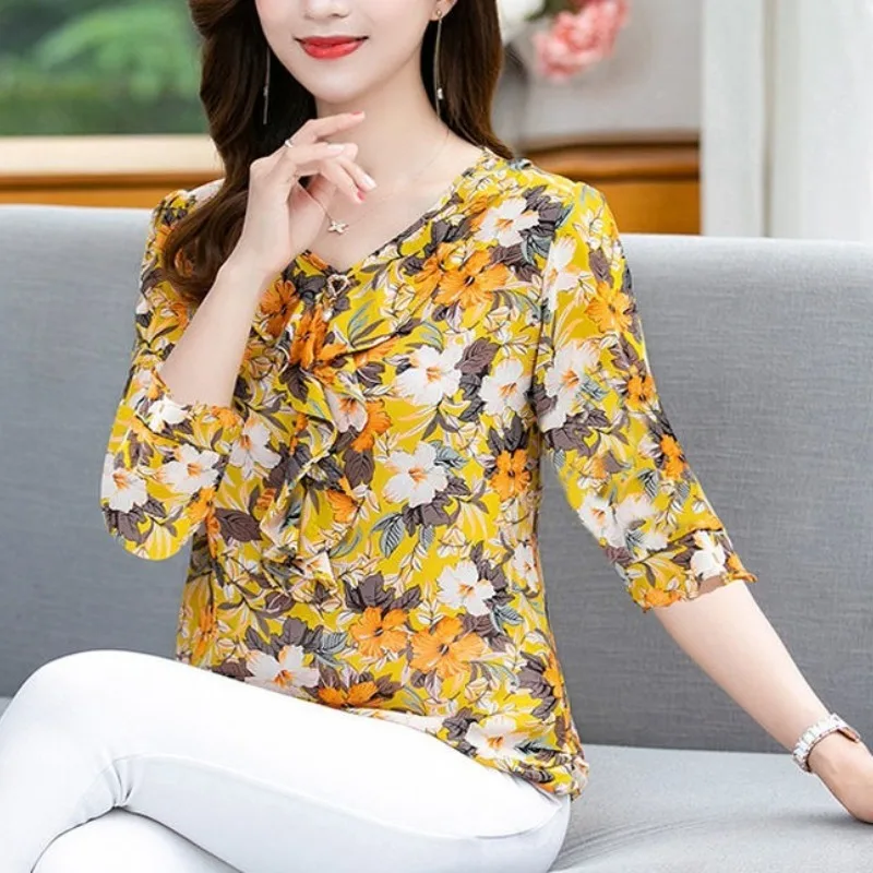 

Women's Clothing Spring Floral Printing Ruffles Pullover Chiffon Long Sleeve T-shirt Elegant Fashionable Casual Tops JJ473