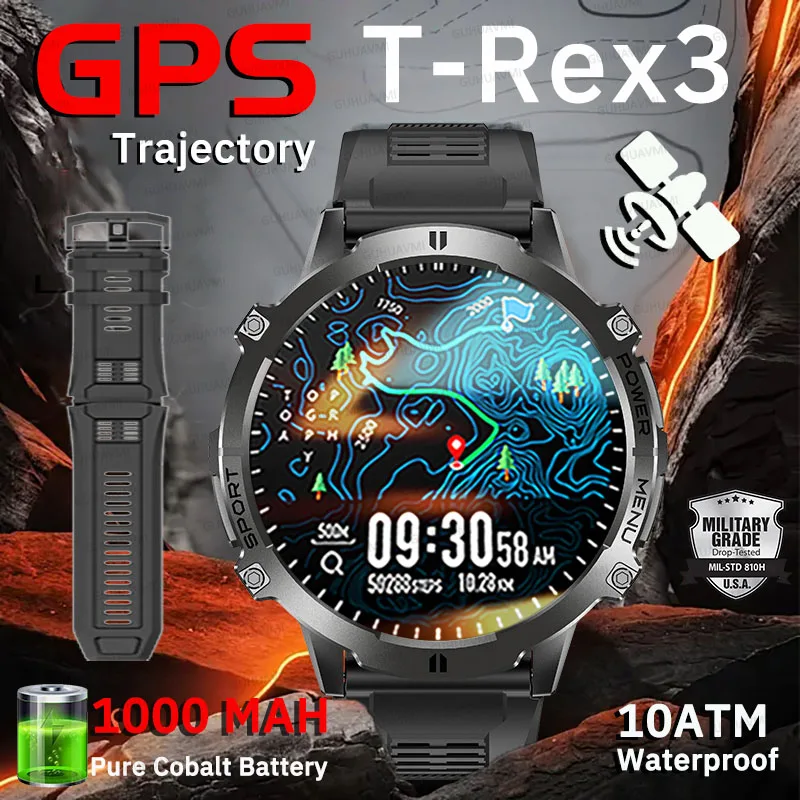 

2025 Outdoor Men GPS SmartWatch T-Rex3 1000mAh Battery 1.73-inch HD AMOLED screen Compass 10ATM Waterproof Bluetooth call Watch