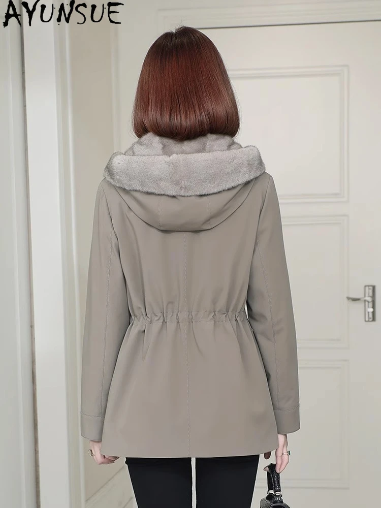 معطف فرو المنك الحقيقي من AYUNSUE ملابس شتوية للنساء سترة متوسطة الطول معطف فرو حقيقي معاطف نسائية بطانة قابلة للفصل