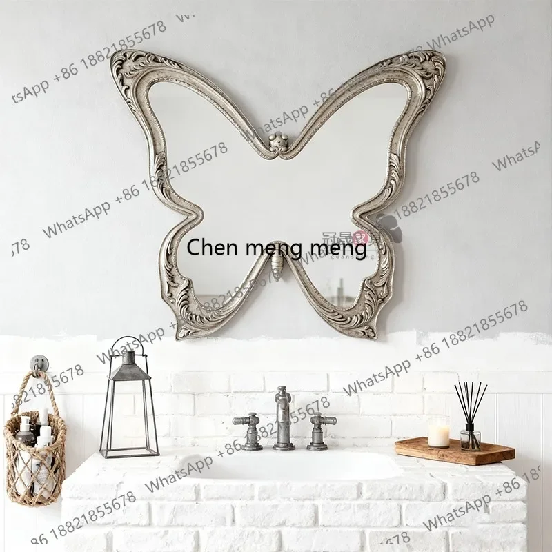 French retro bathroom mirror wall hanging living room porch butterfly shape decorative mirror European carving