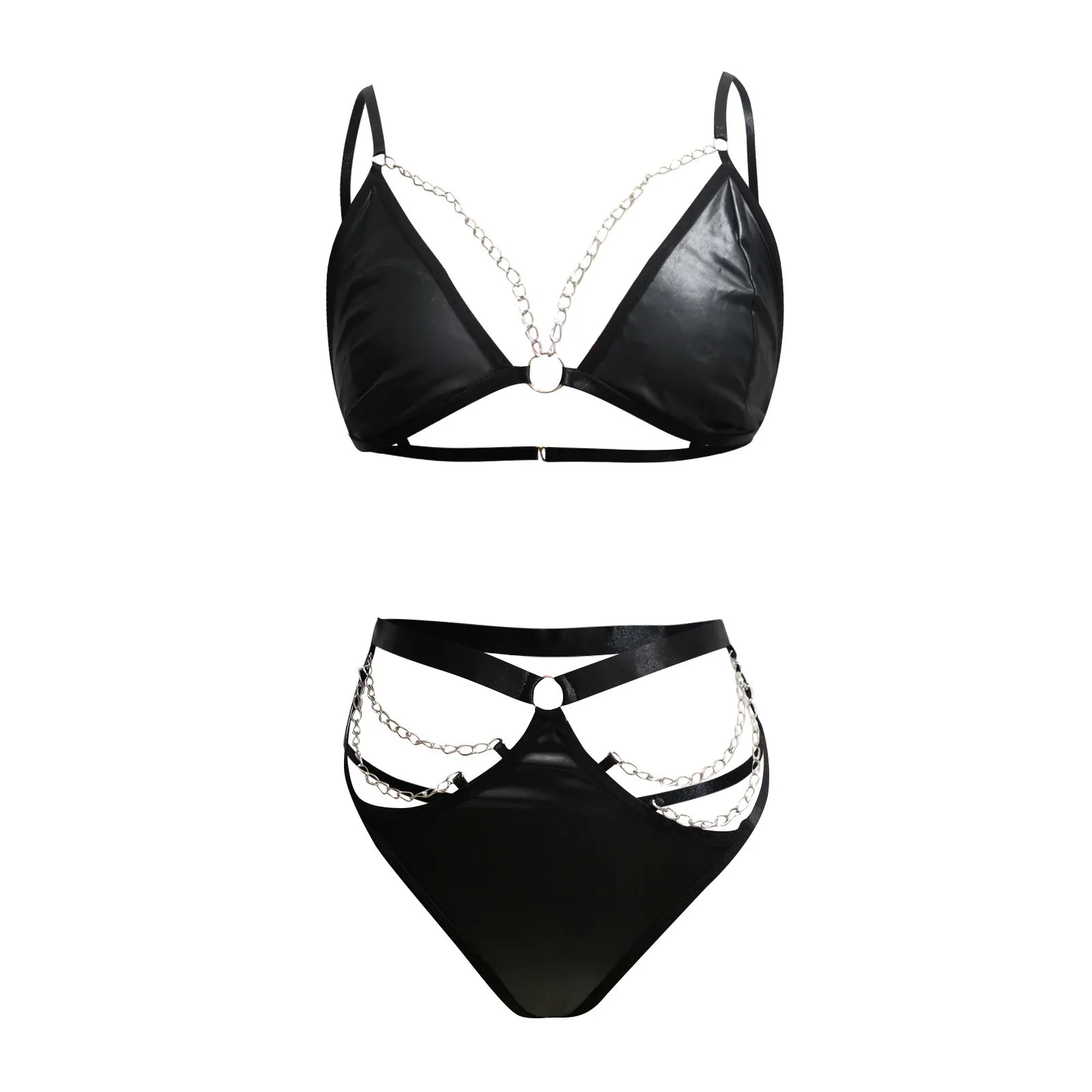 Patent Leather PU Sexy Lingerie Set for Women Underwear Black Micro Bra and Panties Erotic Porn Outfits Lenceria Adult Female