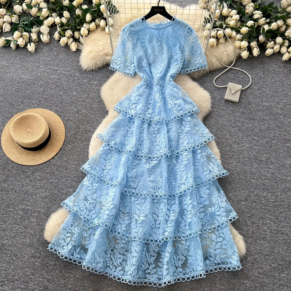 

Long Dress Women Cake Dresses A Line Vestidos Y2k Streetwear Round Neck Short Sleeve Lace Elegant Party Night Work High Waist
