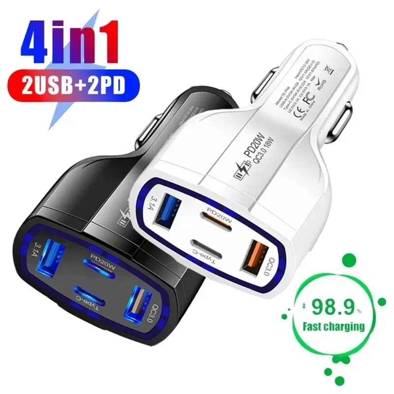 4 in 1 Car Charger PD 20W QC3.0 18W 2USB+2Type C Fast Charging Car Power Adapter For Mobile Phones For iPhone For Sangsung